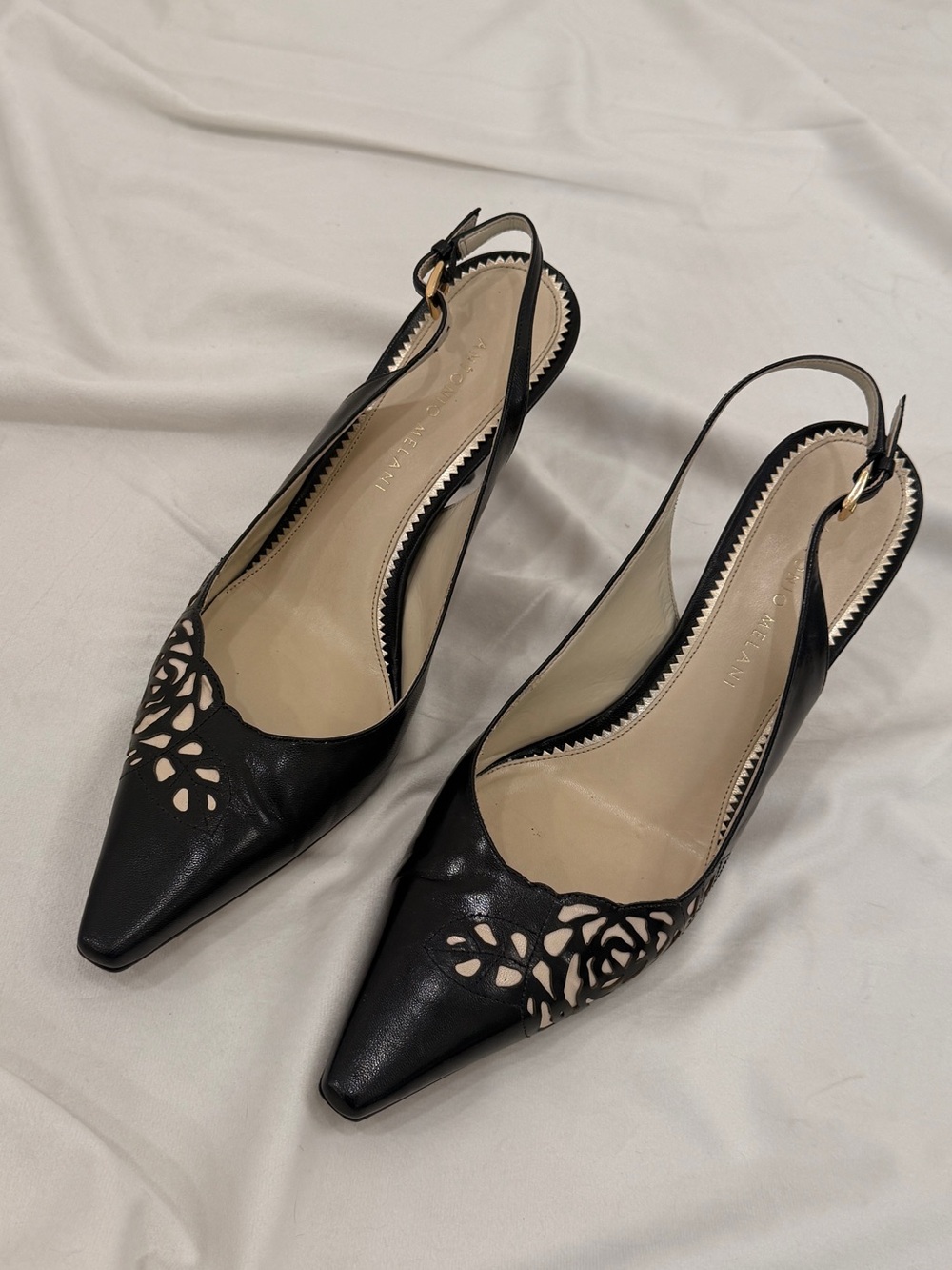 Antonio Melani Black Leather Floral Cutout Slingback Heels 7.5M Italy